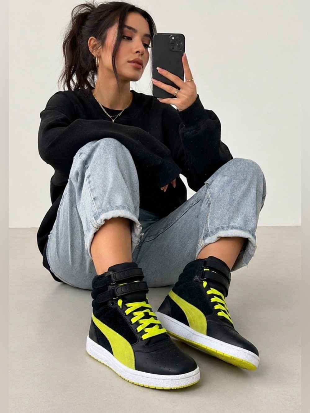 Puma Black Neon Yellow High Top Strap Sneakers Size 6.5